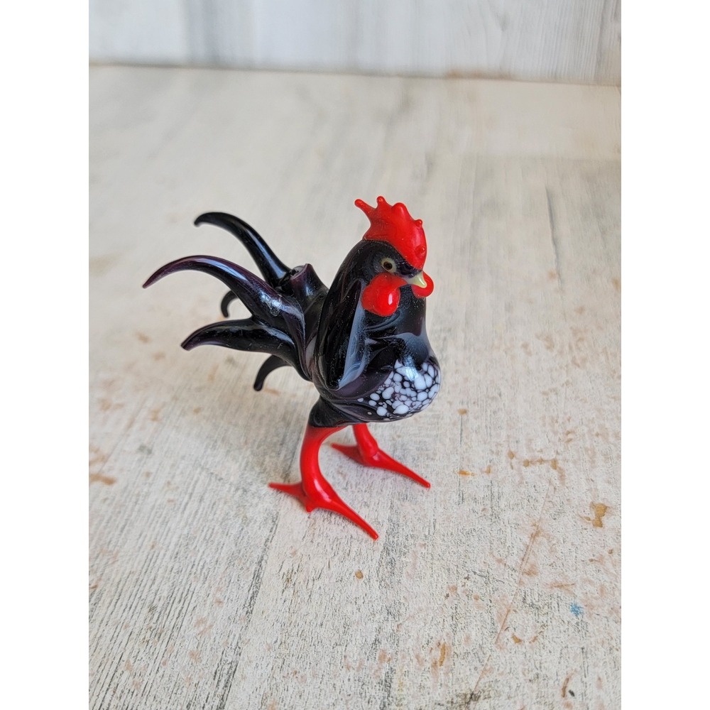 Vintage mini glass rooster folk art Chicken black farm unique home decor
